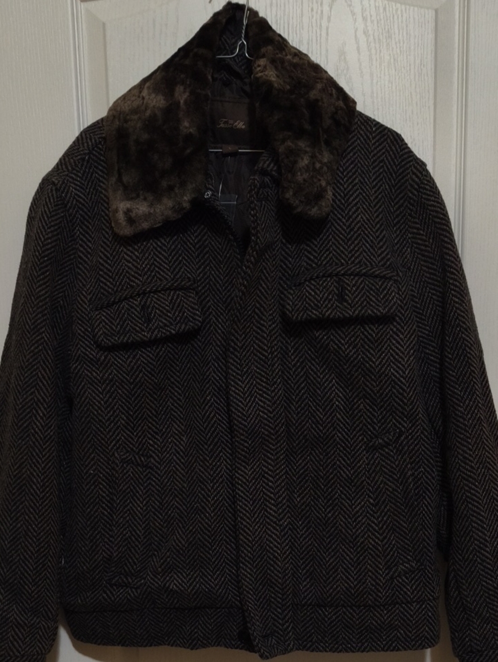 Tasso Elba Brown Herringbone Jacket with Faux Fur Collar